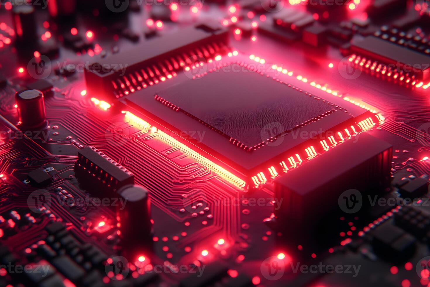 Futuristic Circuit Board with Glowing Red LED Lights for Tech Innovation Design photo