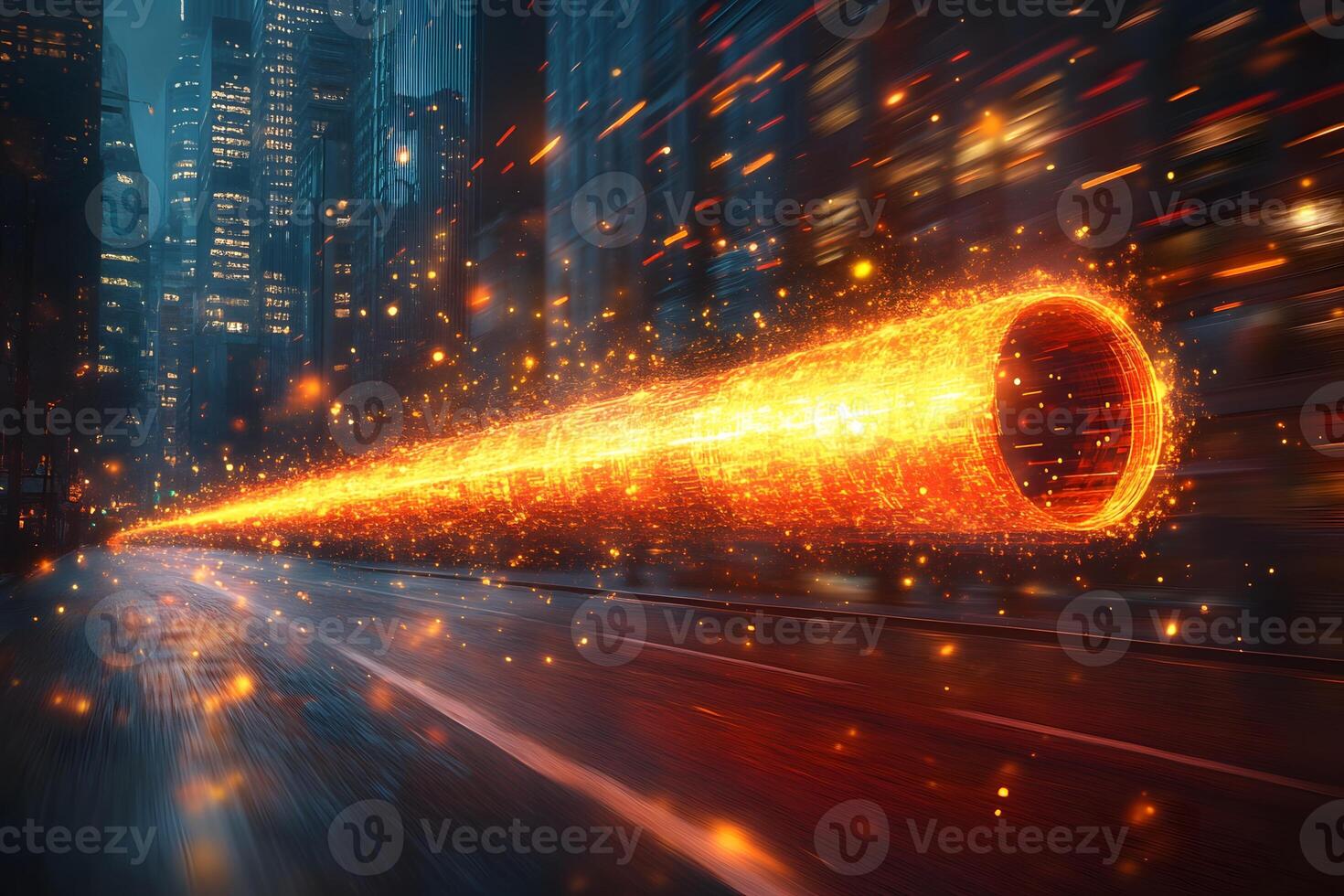Futuristic Cyberpunk City with Neon Light Trail at Night - Digital Art for Sci-Fi Design photo