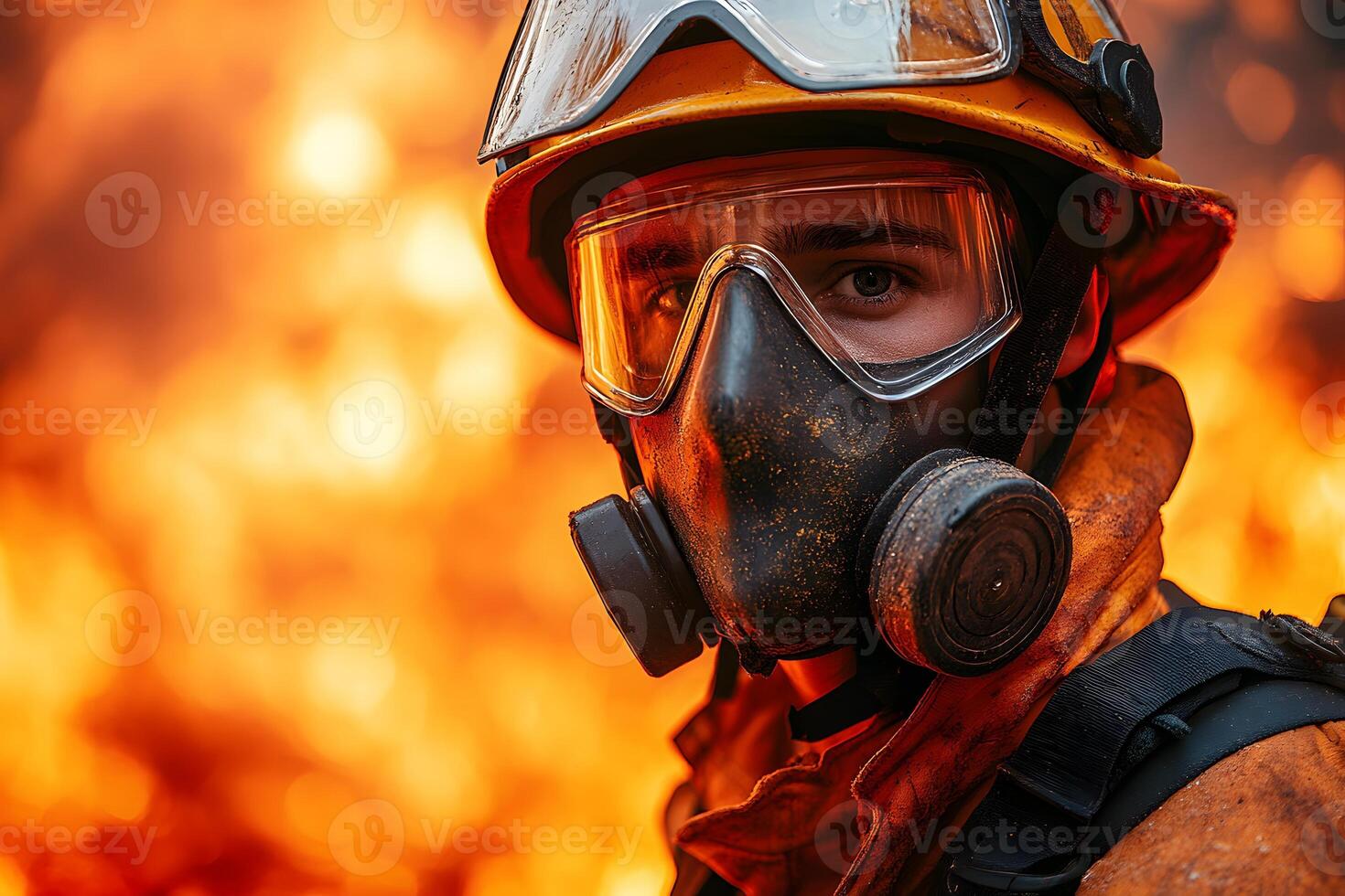 Brave Firefighter Facing Intense Flames in Protective Gear for Safety and Rescue Operations photo