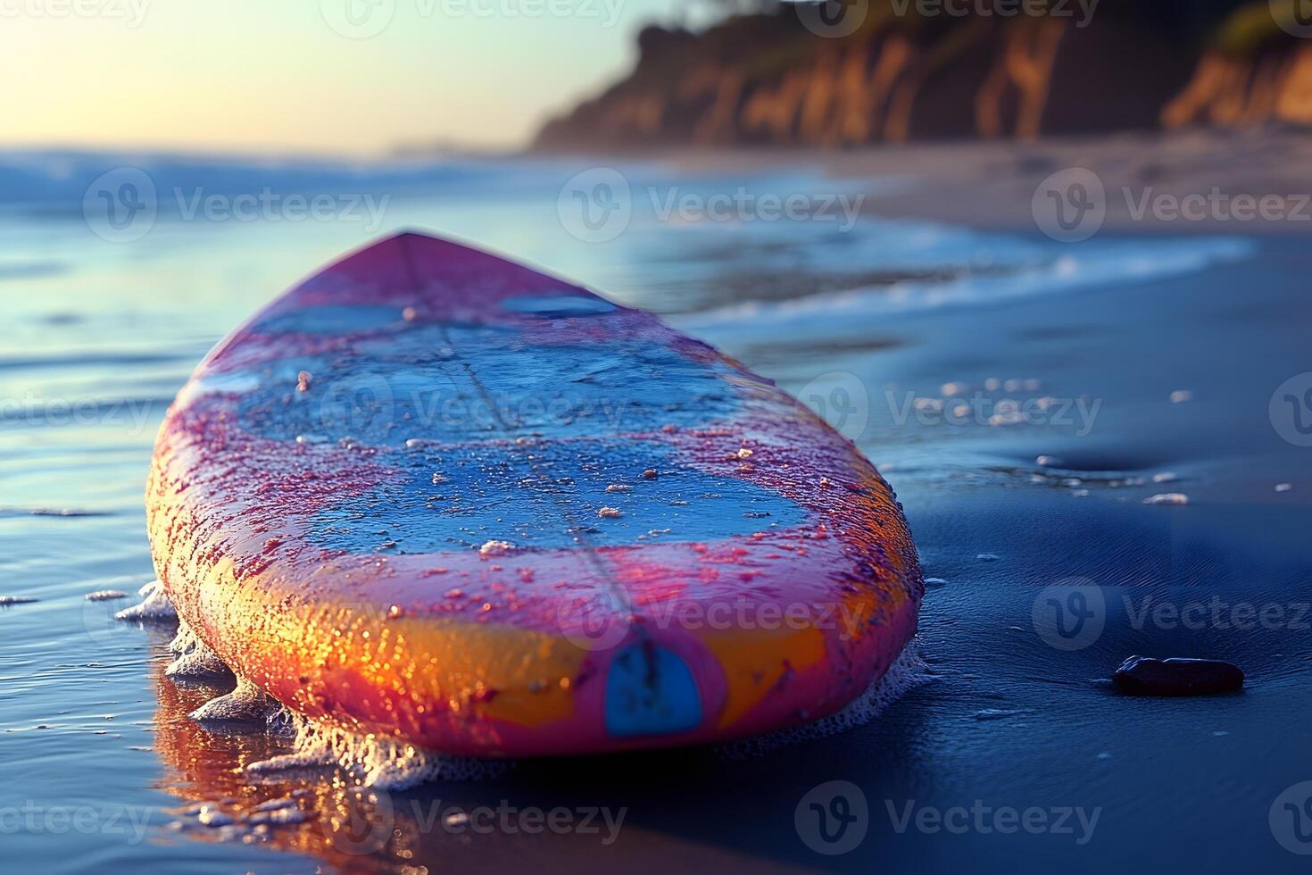 Vibrant Surfboard on Tranquil Beach at Dawn for Coastal Adventure photo