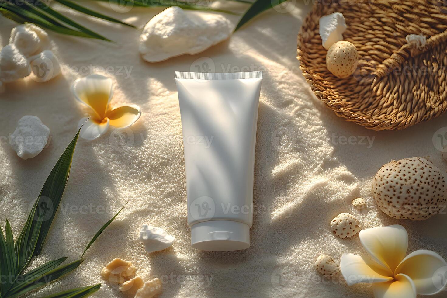 Tropical Beach Scene with Sunscreen Tube and Exotic Elements for Summer Skincare Concepts photo