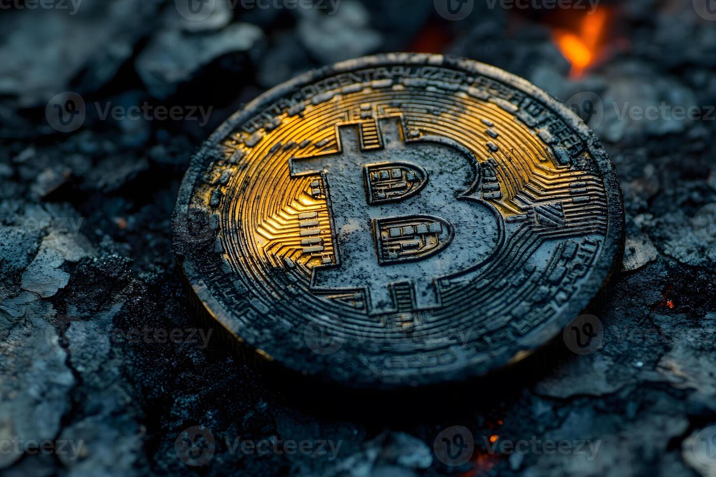 Bitcoin Cryptocurrency Concept on Charred Surface - Blockchain Technology and Digital Currency photo