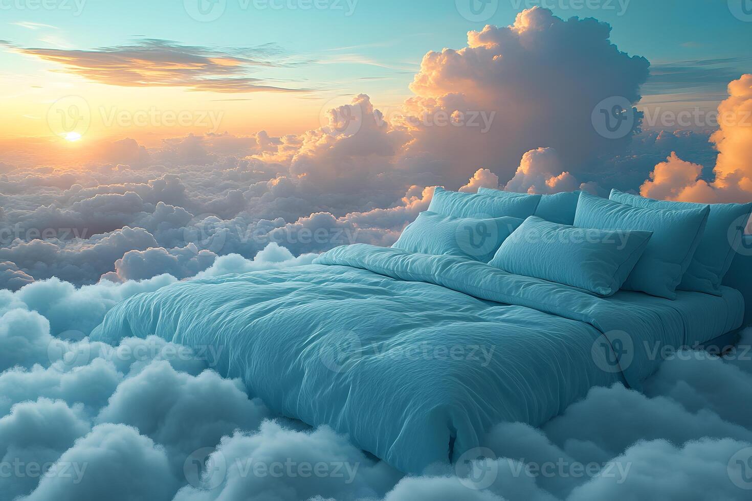 Dreamlike Bed in the Sky Amidst Fluffy Clouds at Sunset Surreal Concept for Relaxation and Imagination photo