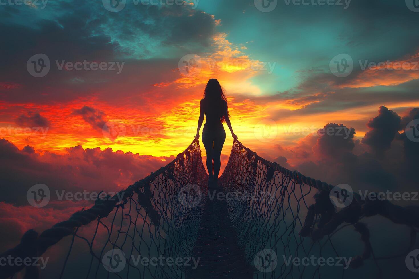 Silhouette Woman on Sky Bridge at Sunset for Inspirational Journey Concept photo