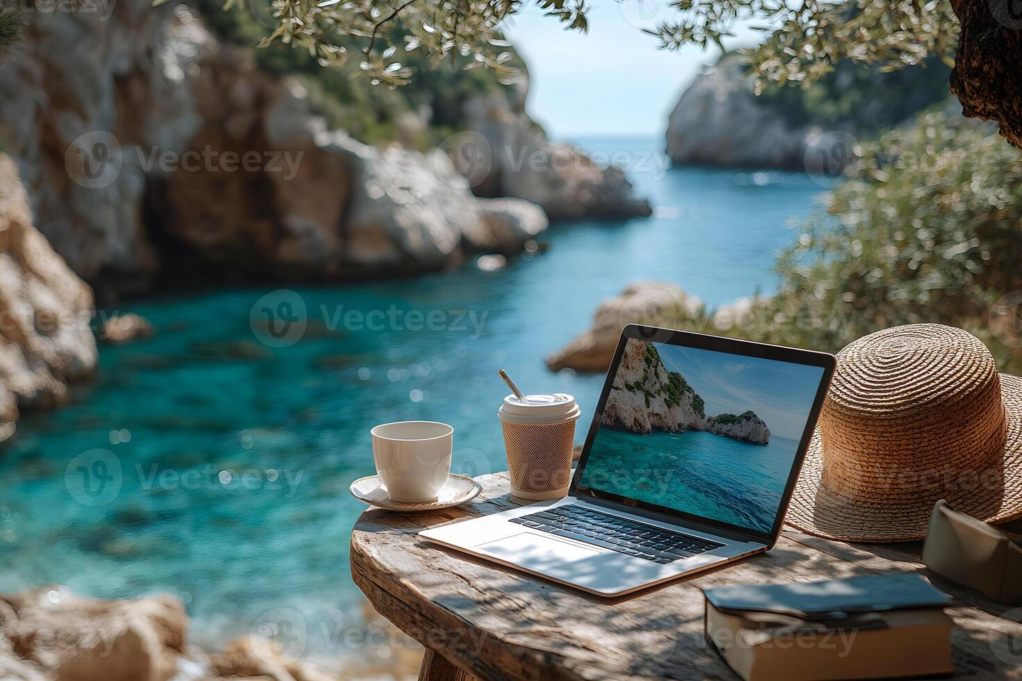 Serene Coastal Workstation Remote Work by the Sea with Laptop and Coffee photo