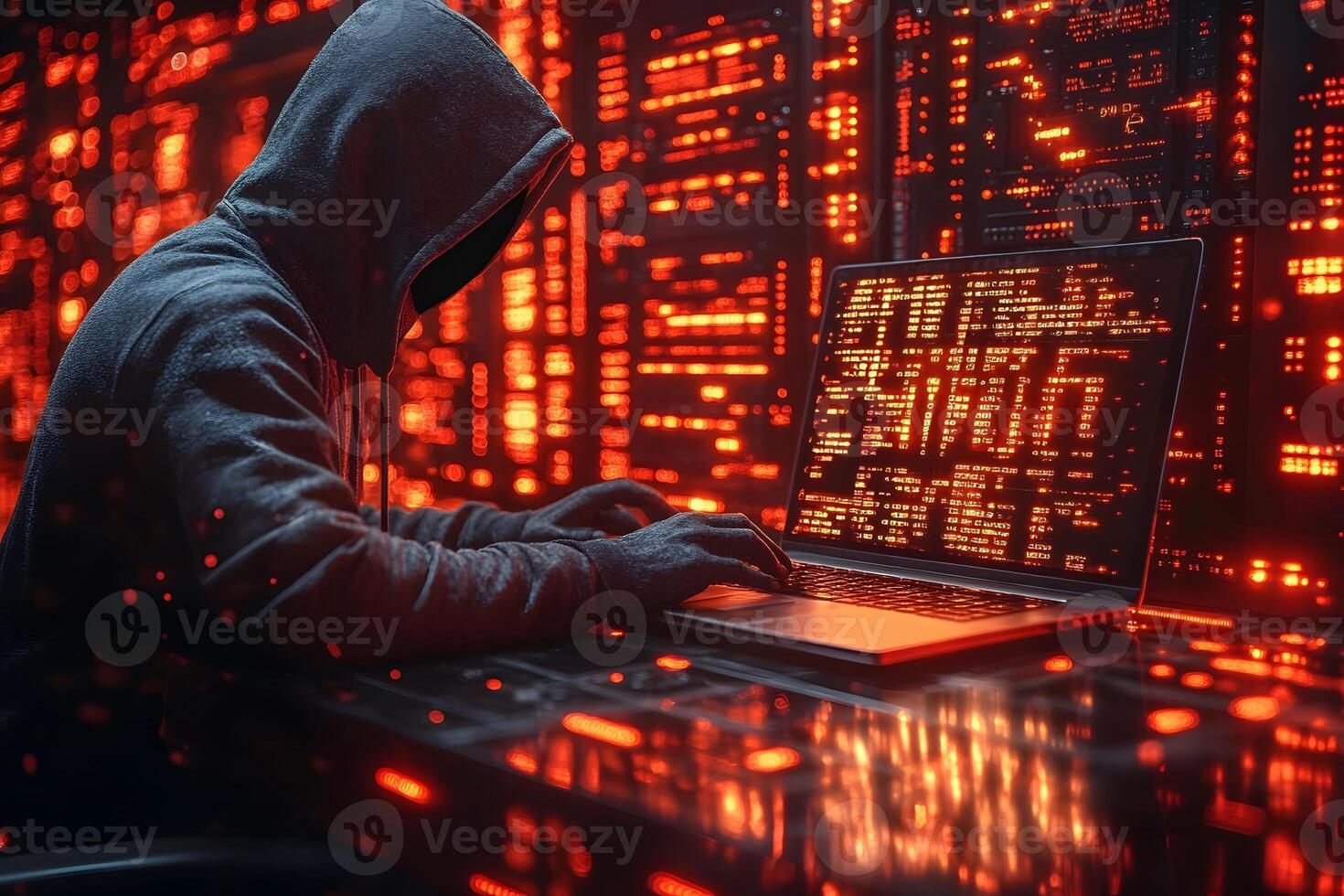 Cybersecurity Threat Concept with Hacker in Dark Room and Coded Displays photo