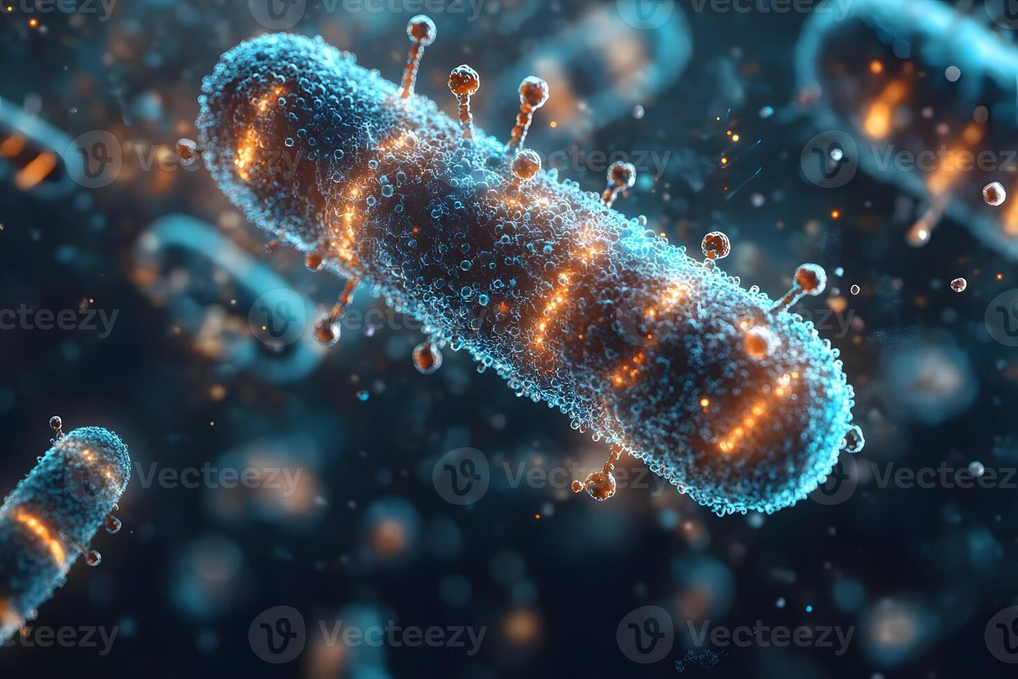 Bacteria and Virus Interaction in Blue Biotech Theme for Medical and Scientific Posters photo