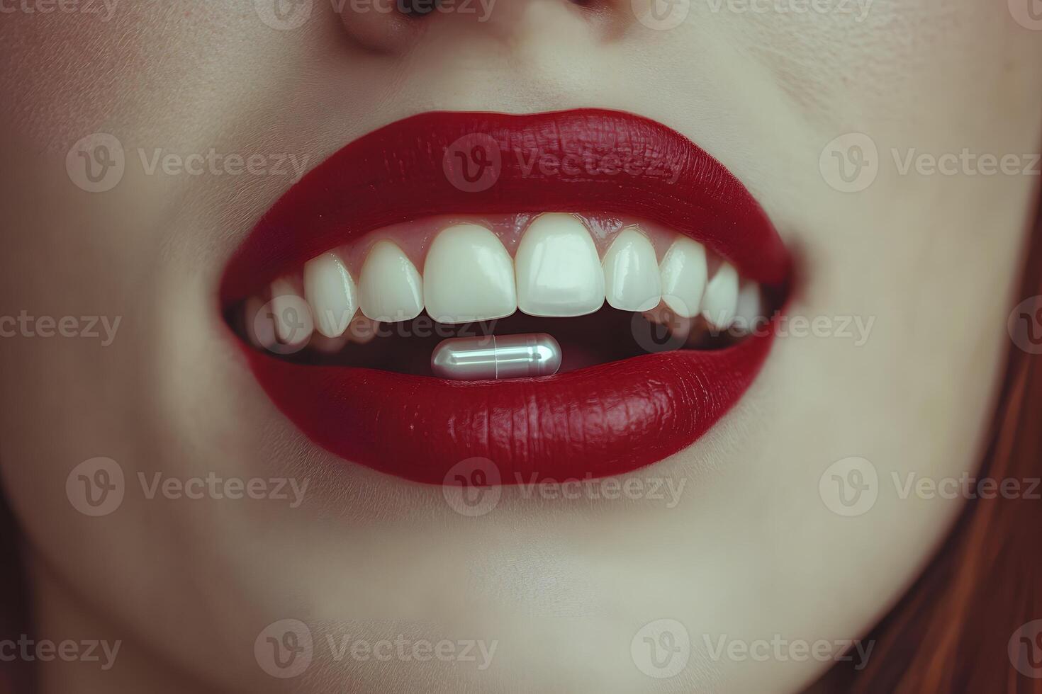Close-Up of Red Lips with Capsule Pill for Health and Beauty Concepts photo