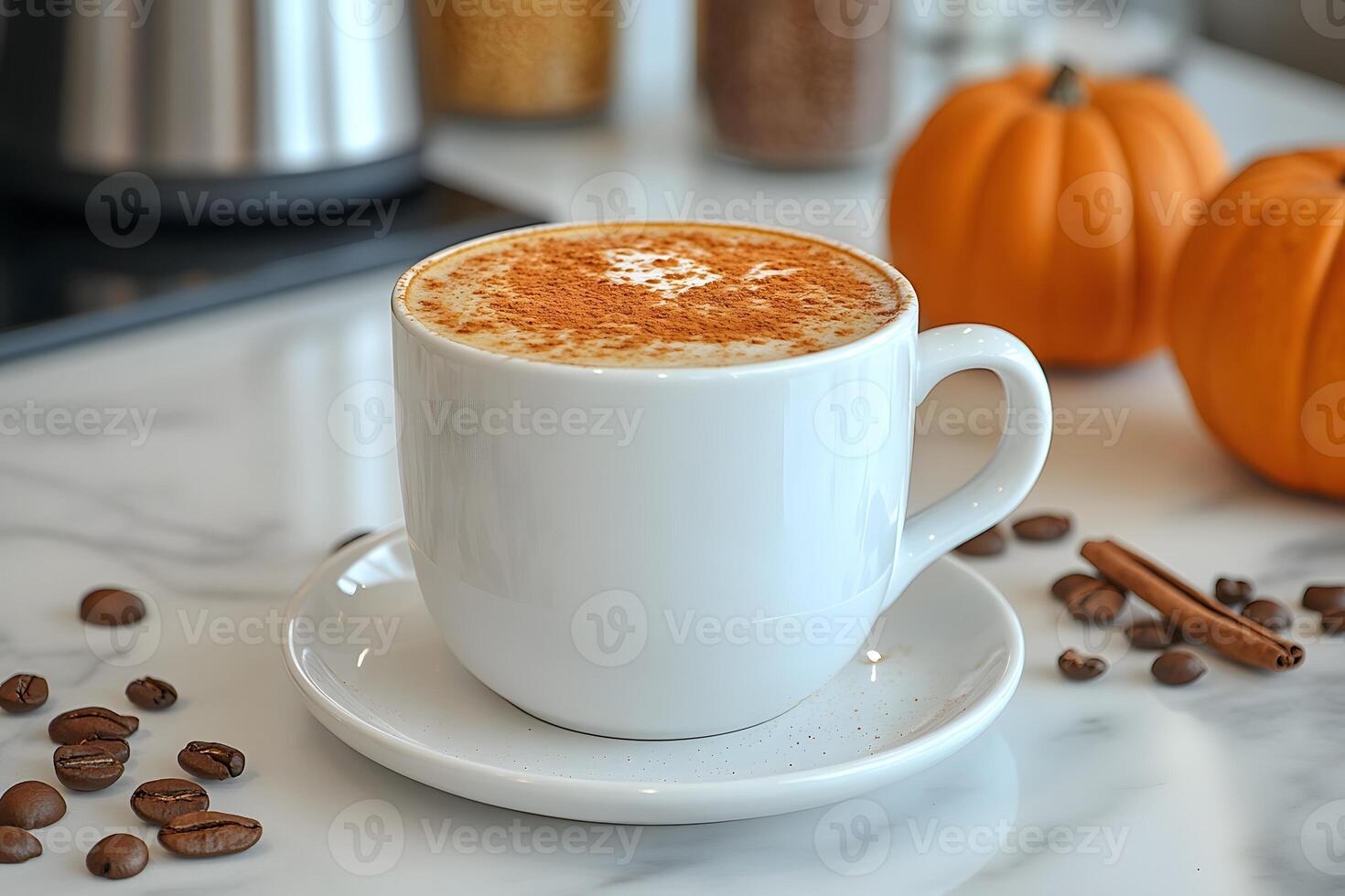 Autumn Pumpkin Spice Latte with Cinnamon and Coffee Beans on Marble Counter photo