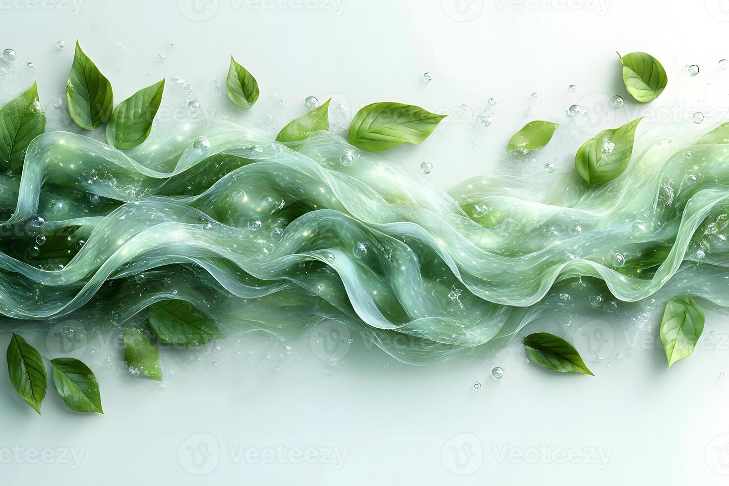 Flowing Abstract Wave with Green Leaves and Bubbles for Natural Design Concepts photo