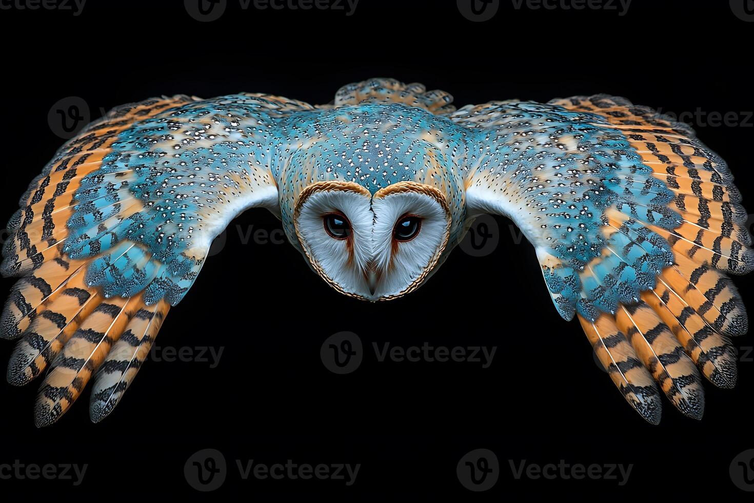 Majestic Barn Owl in Flight Displaying Vibrant Blue and Orange Plumage for Wildlife Design Inspiration photo