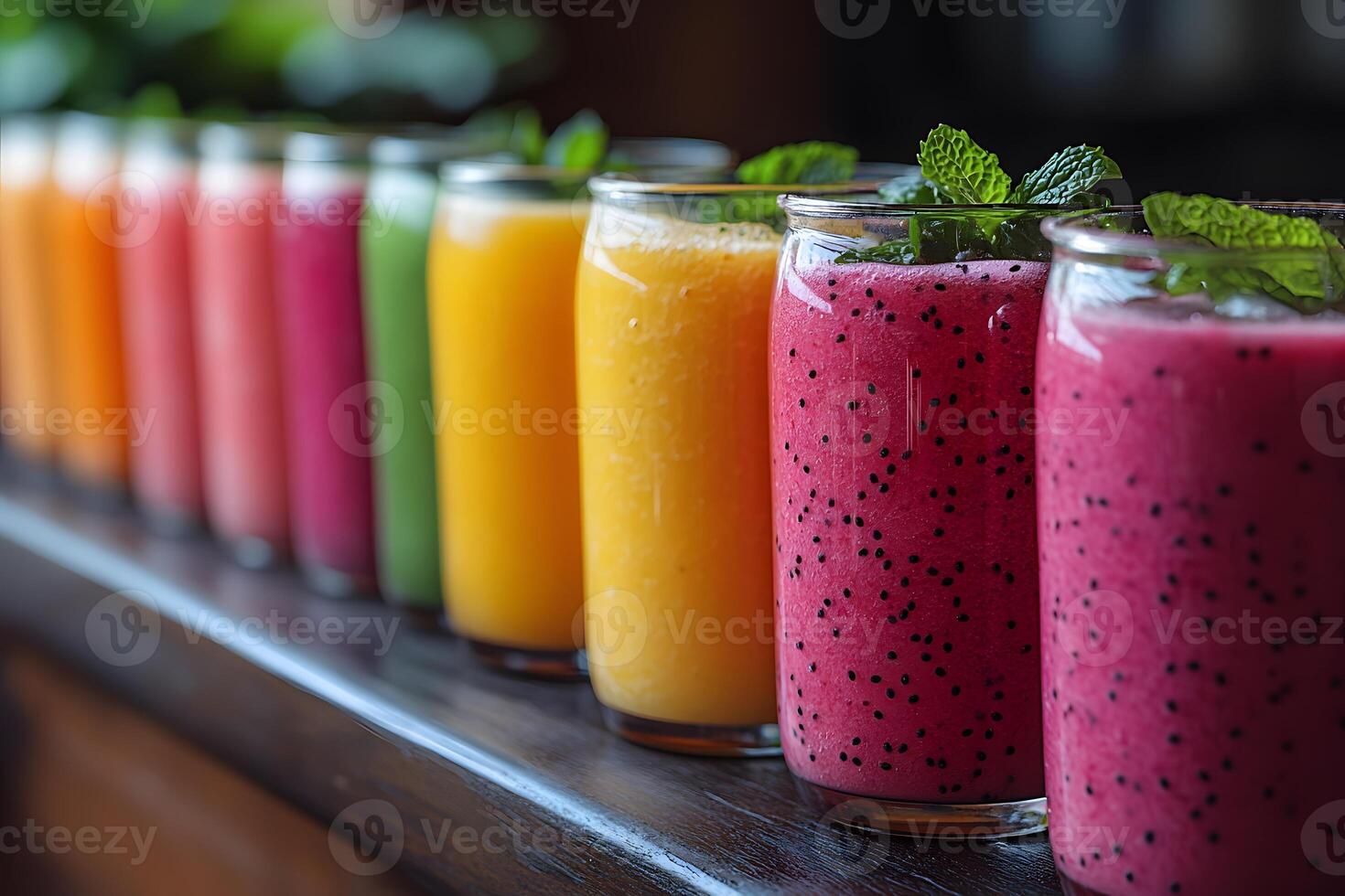 Colorful Assorted Fresh Fruit Smoothies with Mint Garnish for Refreshing Summer Drink Ideas photo