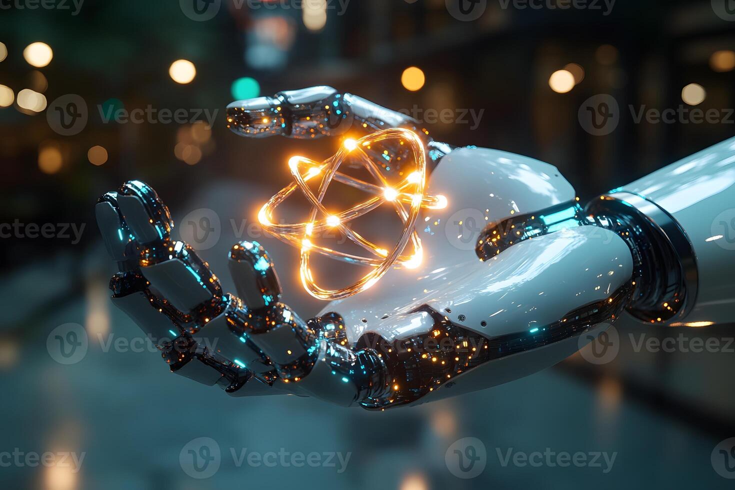 Futuristic Robot Hand Holding Glowing Atom for AI and Technology Innovation photo