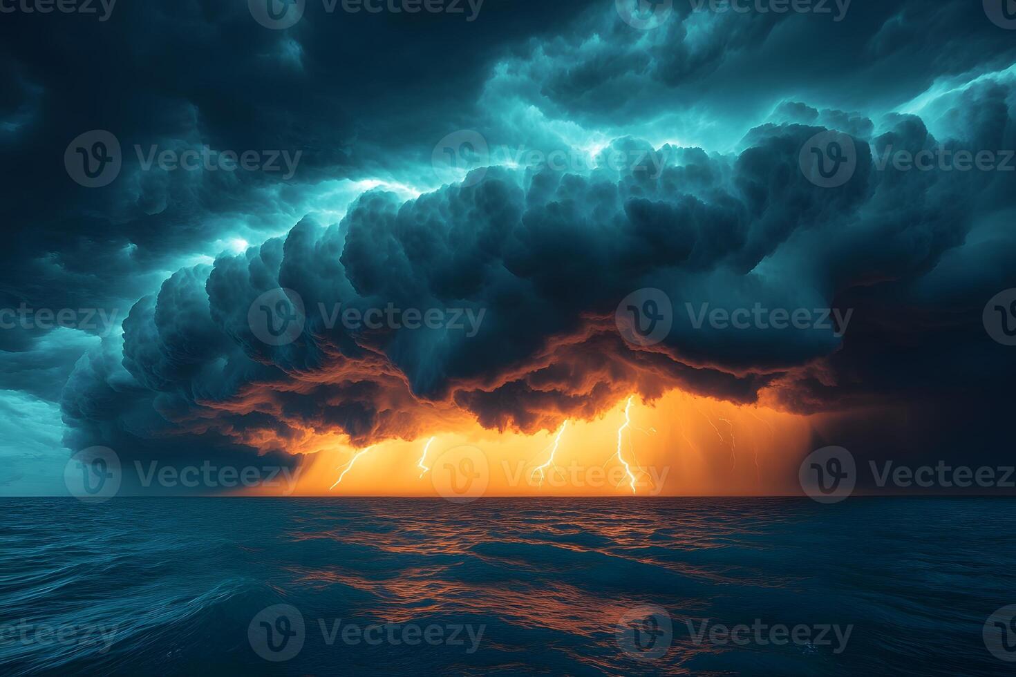 Dramatic Ocean Thunderstorm with Striking Lightning and Illuminating Clouds photo