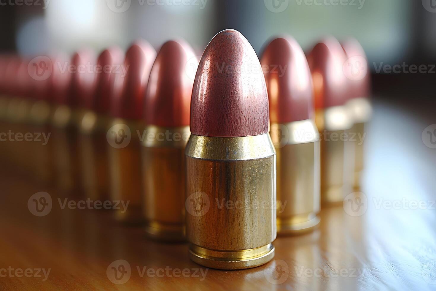 Close-Up of Bronze and Copper Bullets on Wooden Surface for Ammunition Design photo