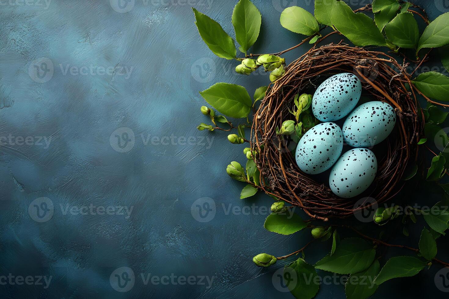 Speckled Blue Eggs in Nest with Greenery on Textured Background - Nature Theme photo
