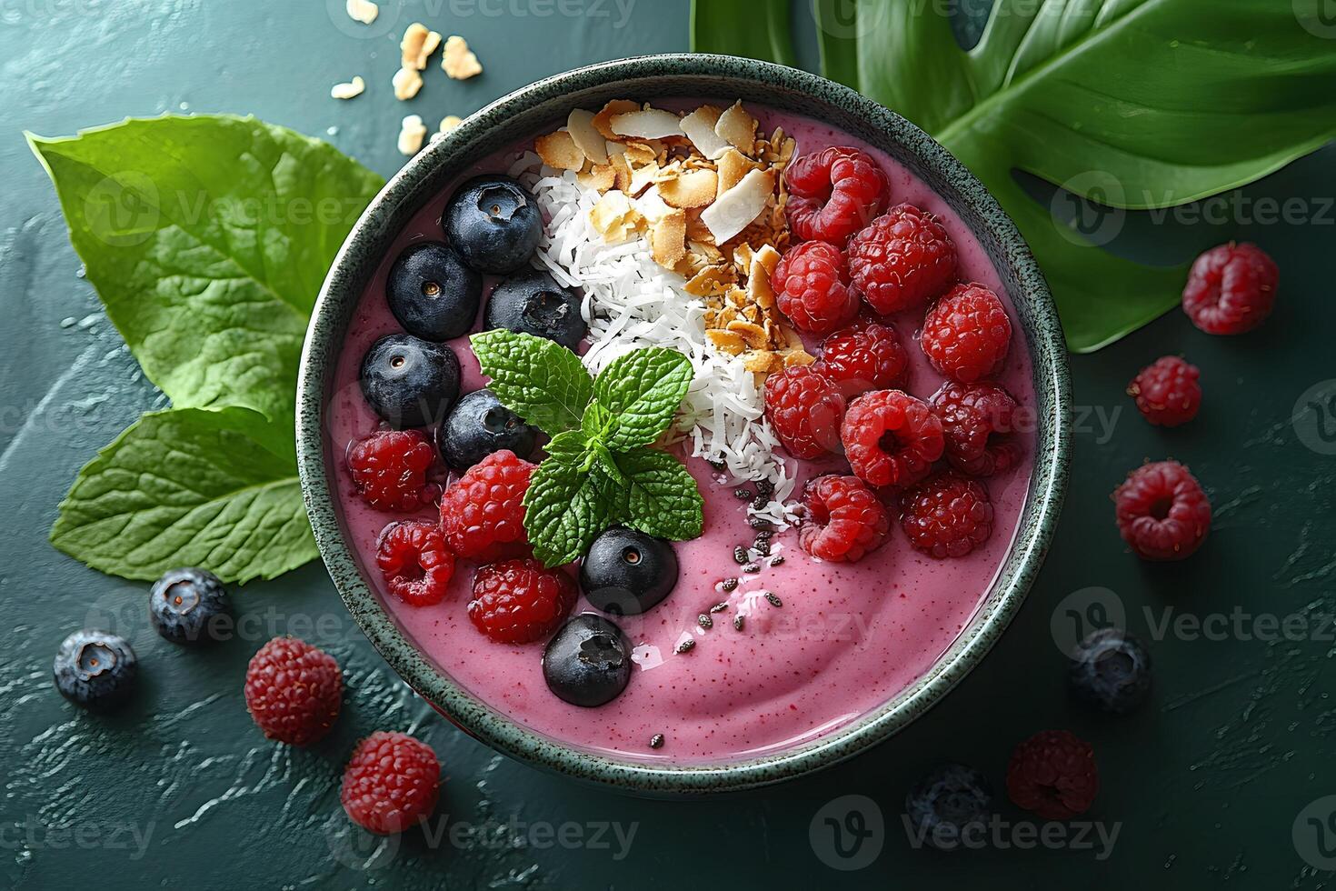 Vibrant Berry Smoothie Bowl with Fresh Mint and Coconut Toppings for Healthy Breakfast photo