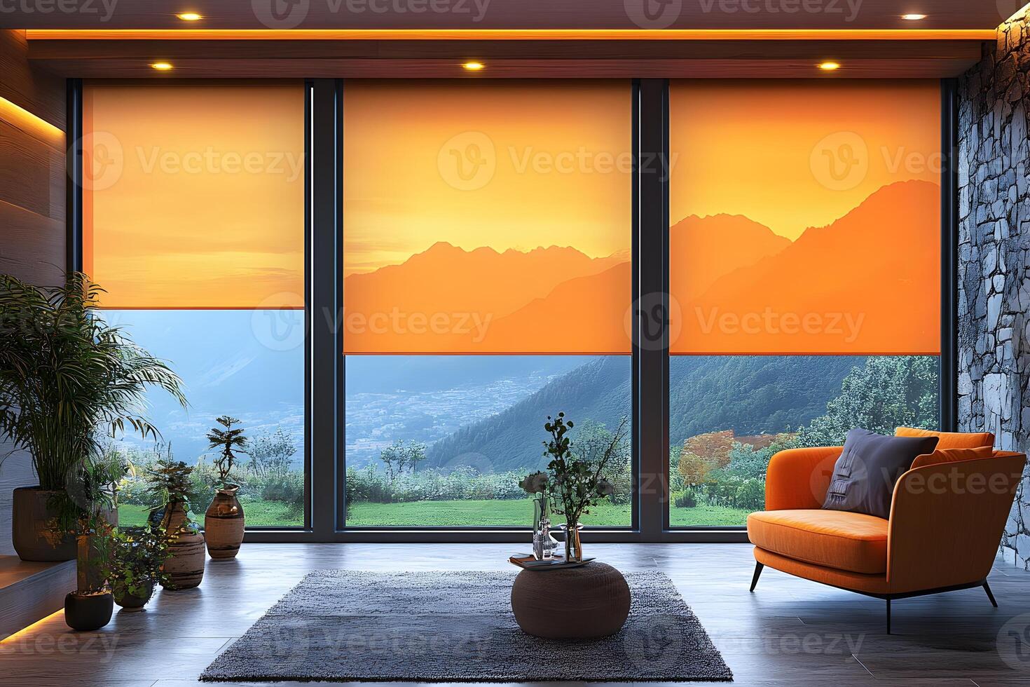 Cozy Living Room with Mountain View and Orange Sunset Through Modern Window Shades photo