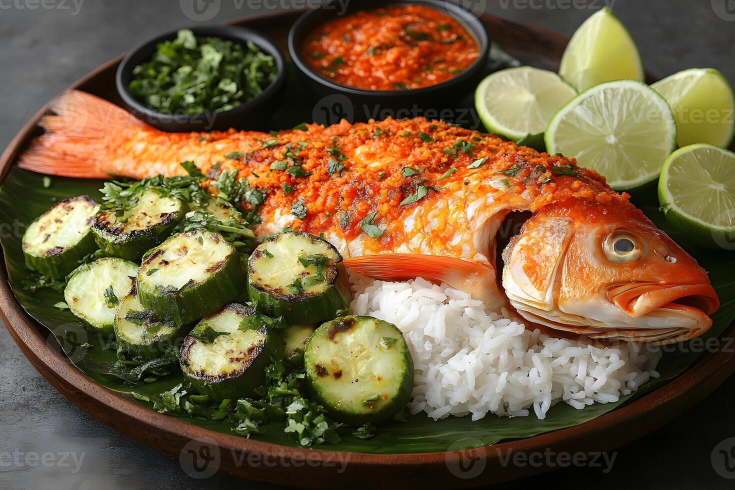 Grilled Fish with Zucchini and Rice, Served with Fresh Lemons and Spicy Salsa Perfect for Culinary Design photo