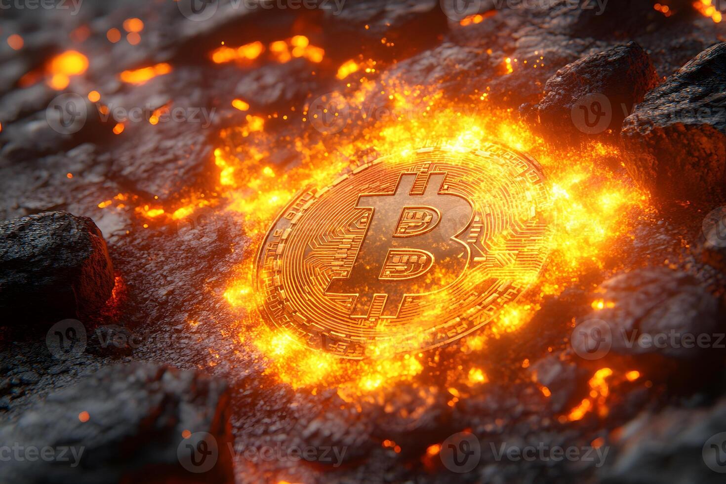 Bitcoin Symbol in Fiery Lava - Cryptocurrency and Blockchain Concept for Digital Economy photo