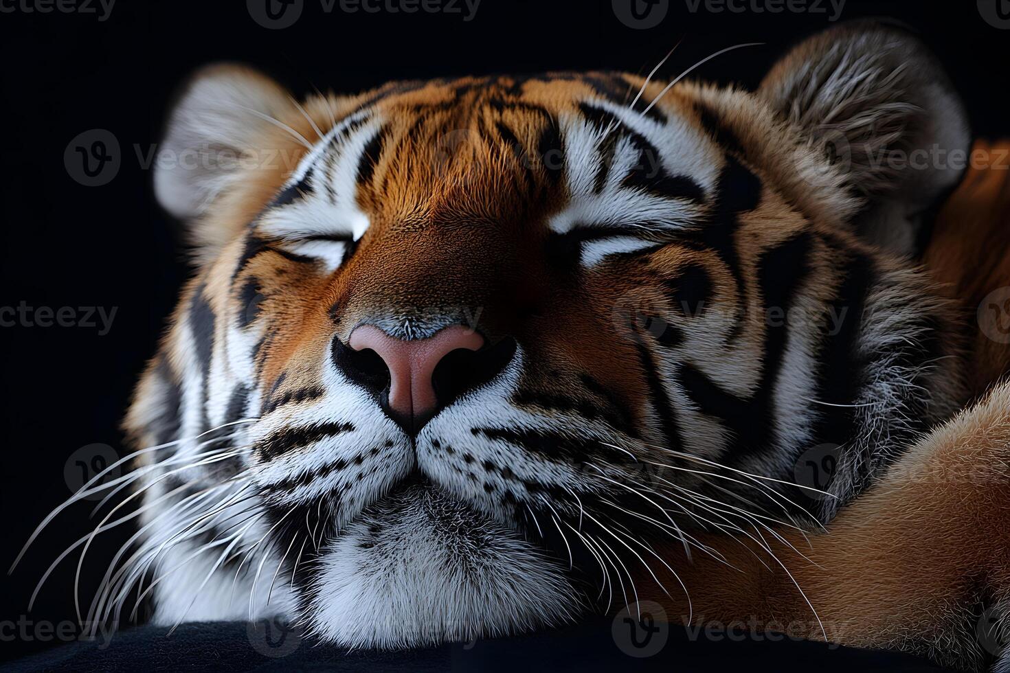 Tranquil Tiger Resting in Peaceful Slumber on Dark Background photo