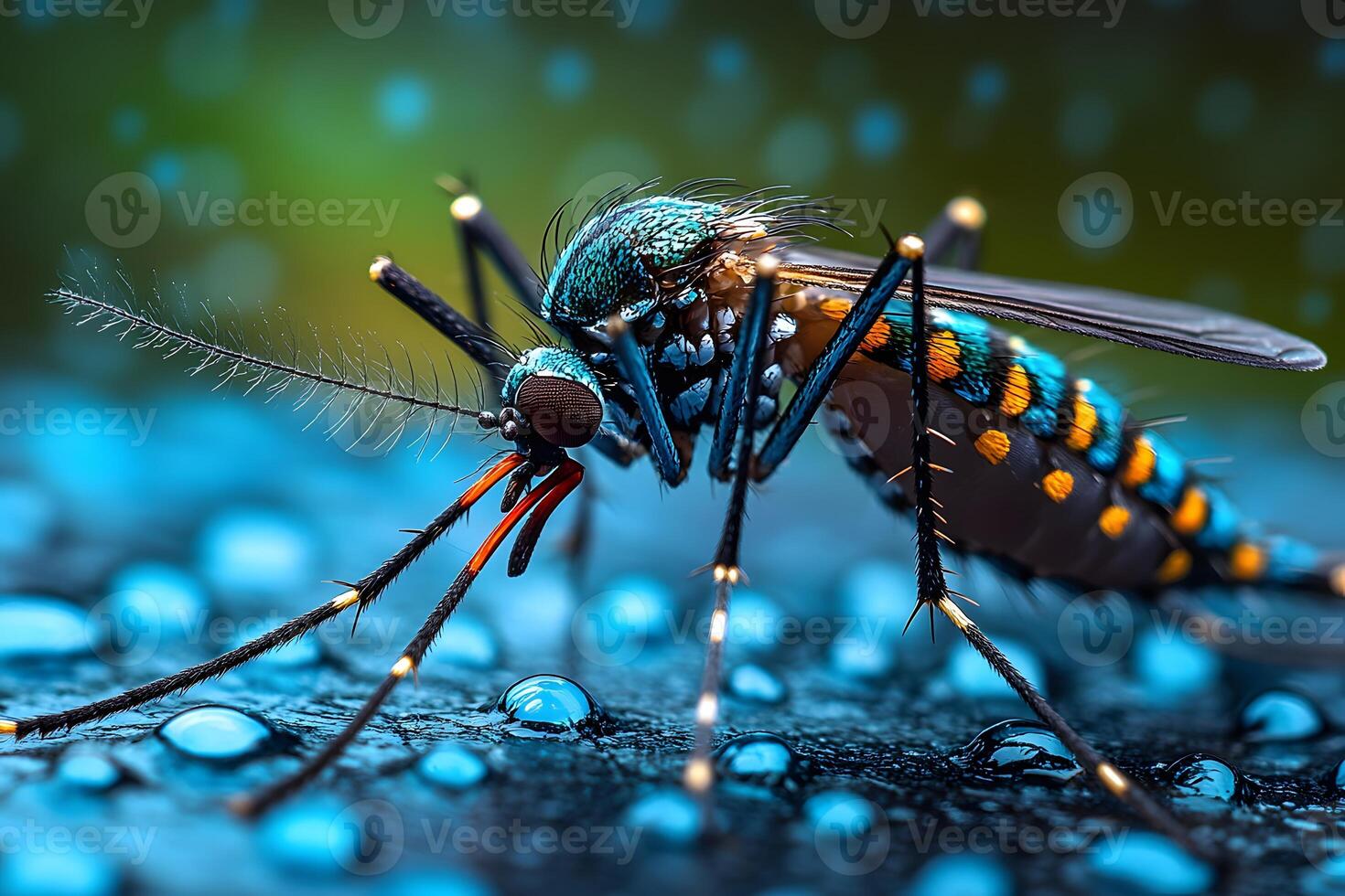 Macro Shot of Vibrant Mosquito on Water-Dappled Surface for Nature and Science Use photo