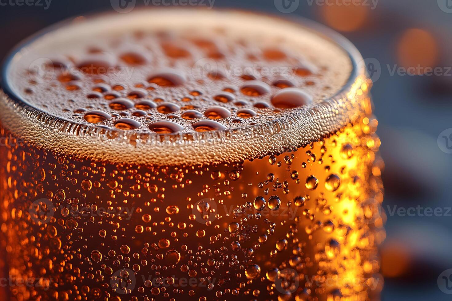 Refreshing Beverage Close-up with Bubbles and Condensation Perfect for Summer Themes and Drink Advertising photo