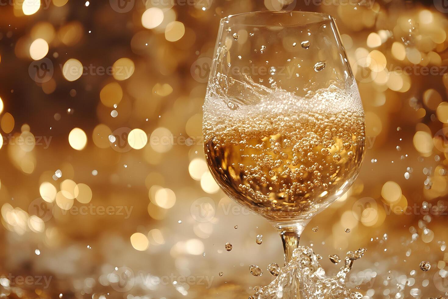 Golden Sparkling Wine Splash with Bokeh Effect for Celebration Design and Decor photo