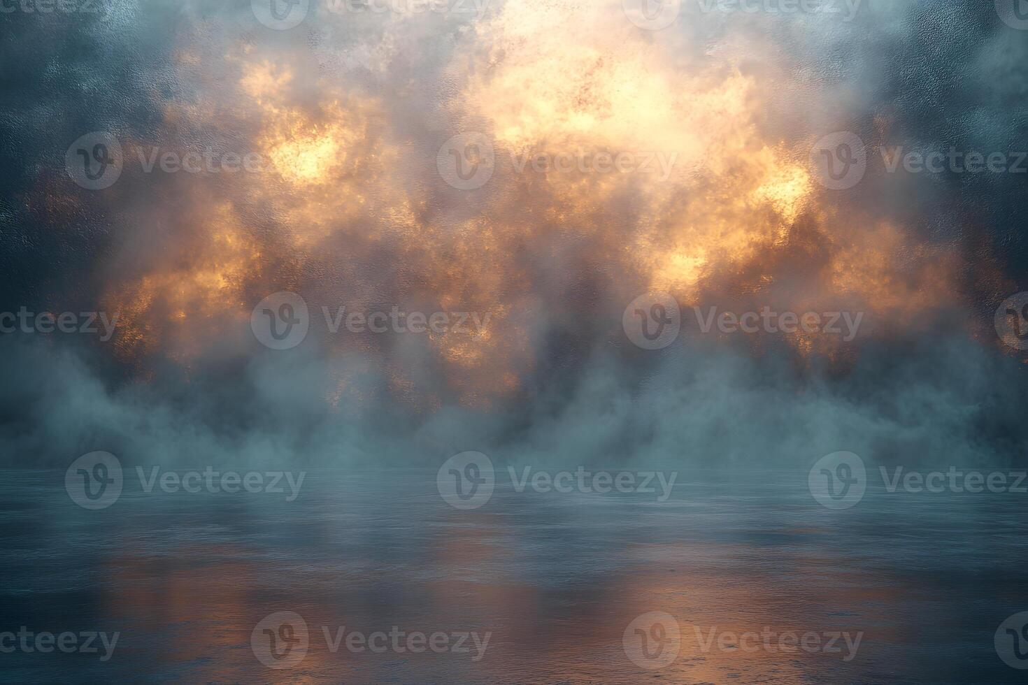 Dramatic Fiery Explosion with Smoky Reflection on Water Surface for Intense Visual Design photo