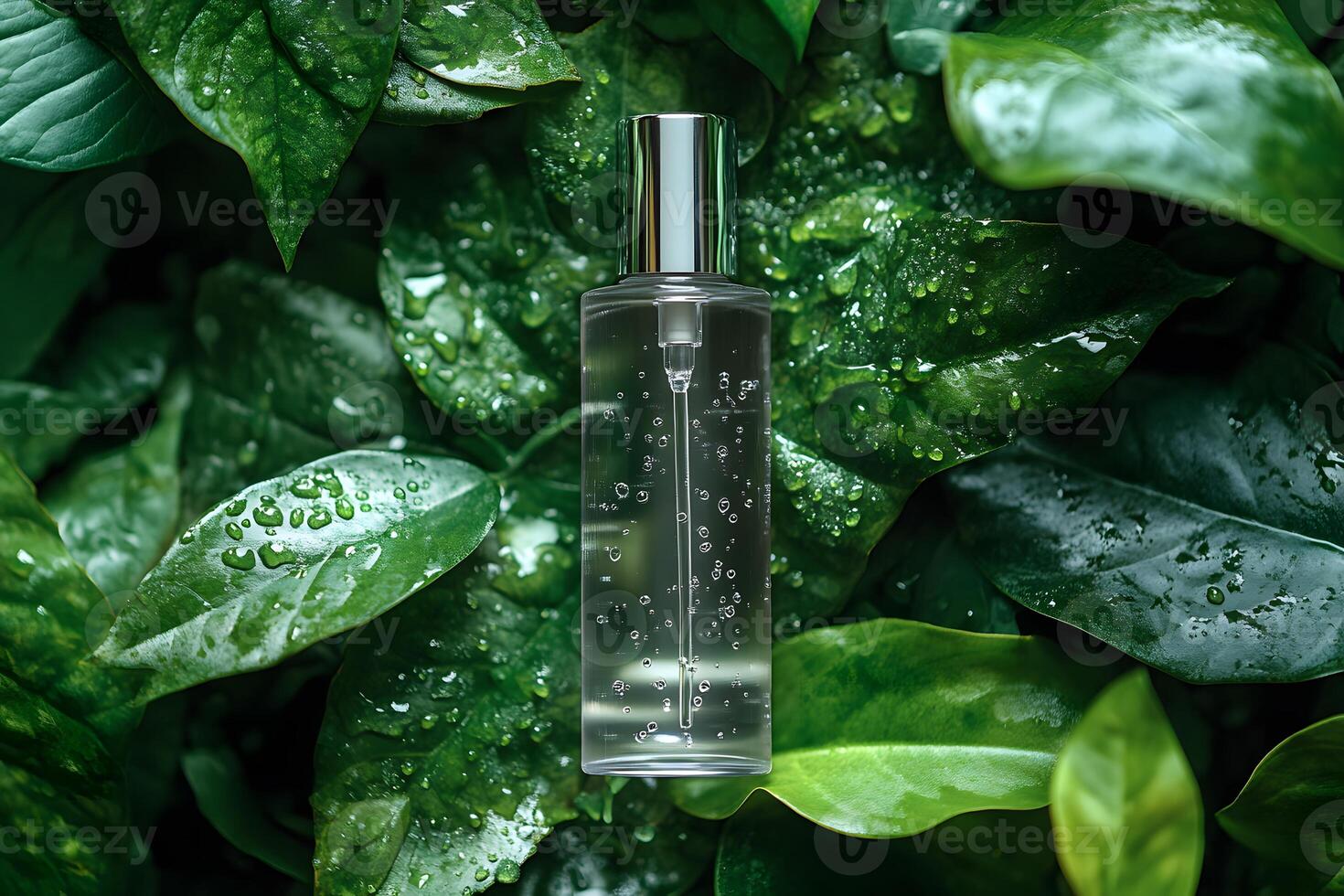 Luxurious Perfume Bottle Surrounded by Lush Greenery Emphasizing Nature-Inspired Fragrance photo