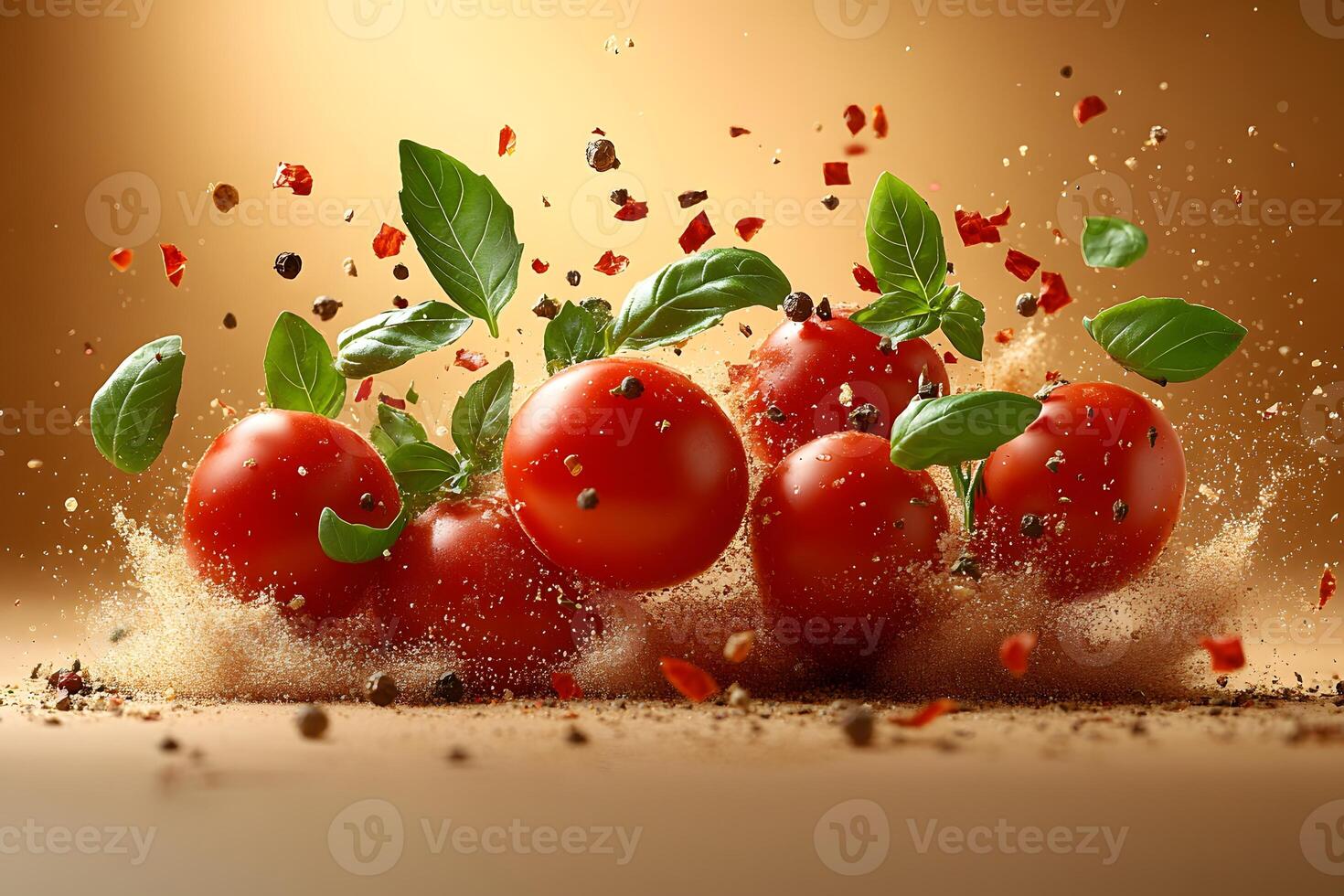 Dynamic Explosion of Fresh Tomatoes and Herbs for Culinary Art and Design photo