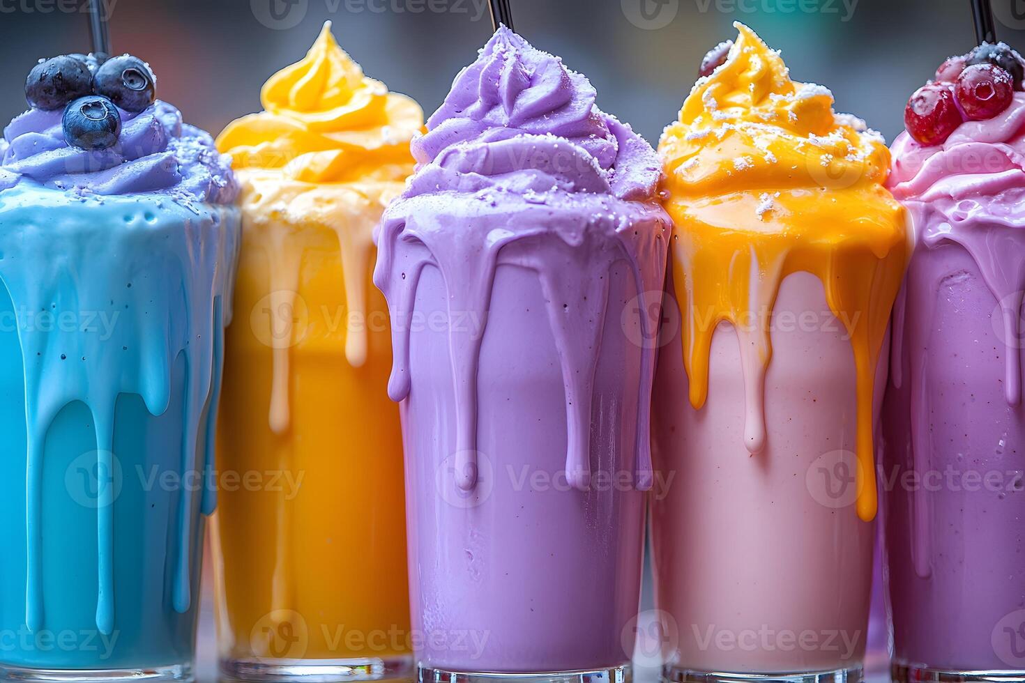 Vibrant Summer Milkshakes with Whipped Cream and Berries for Refreshing Design photo
