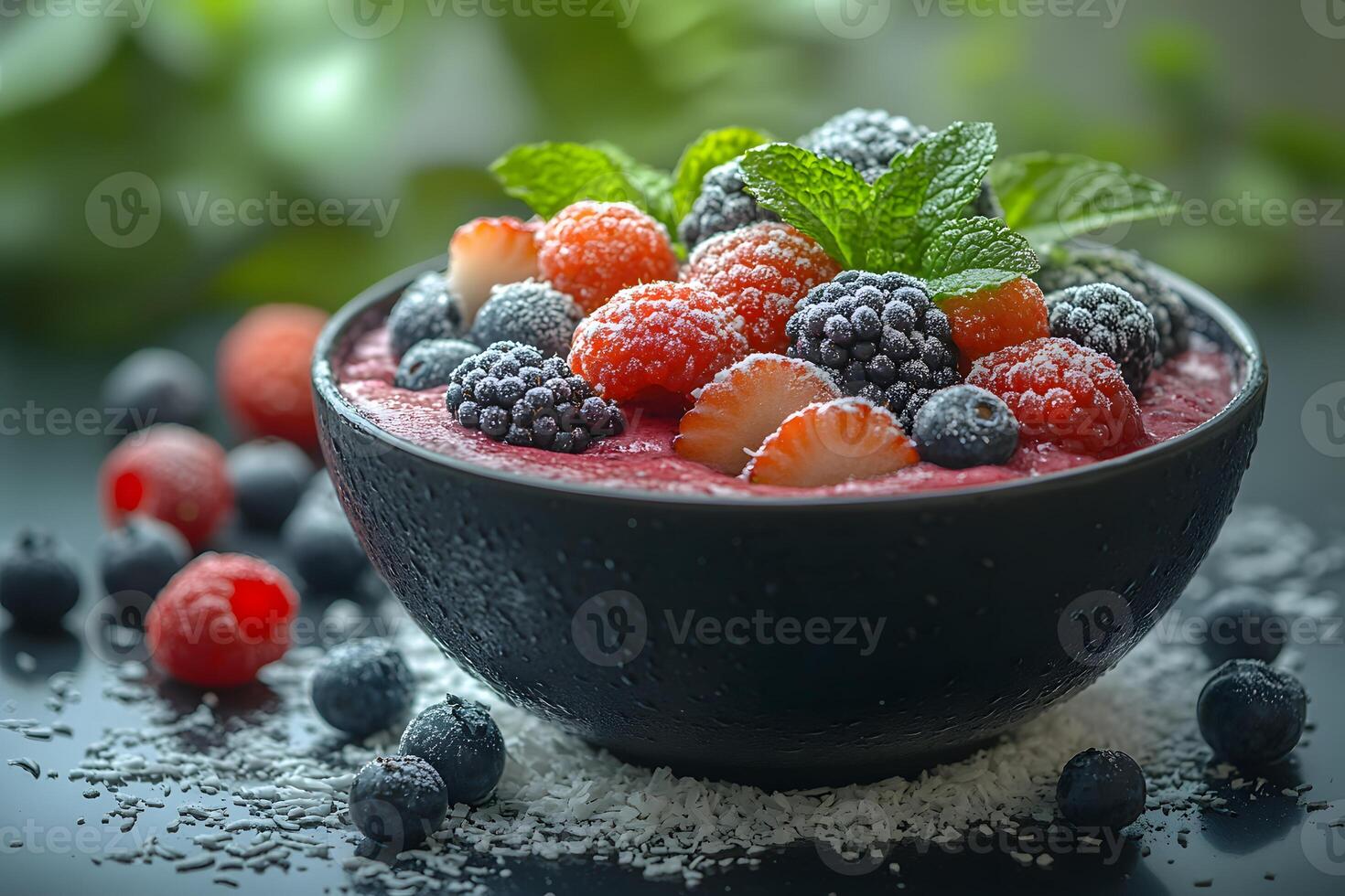 Fresh Berry Smoothie Bowl with Mint, Raspberries, Blueberries, and Blackberries for Healthy Breakfast photo