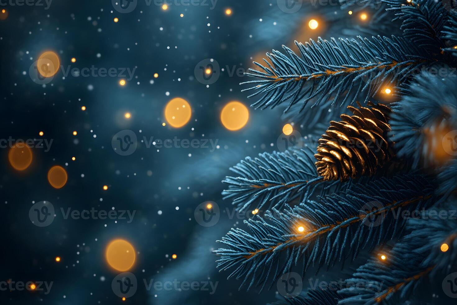 Winter Holiday Background Festive Pine Cone and Evergreen Branches with Bokeh Lights photo