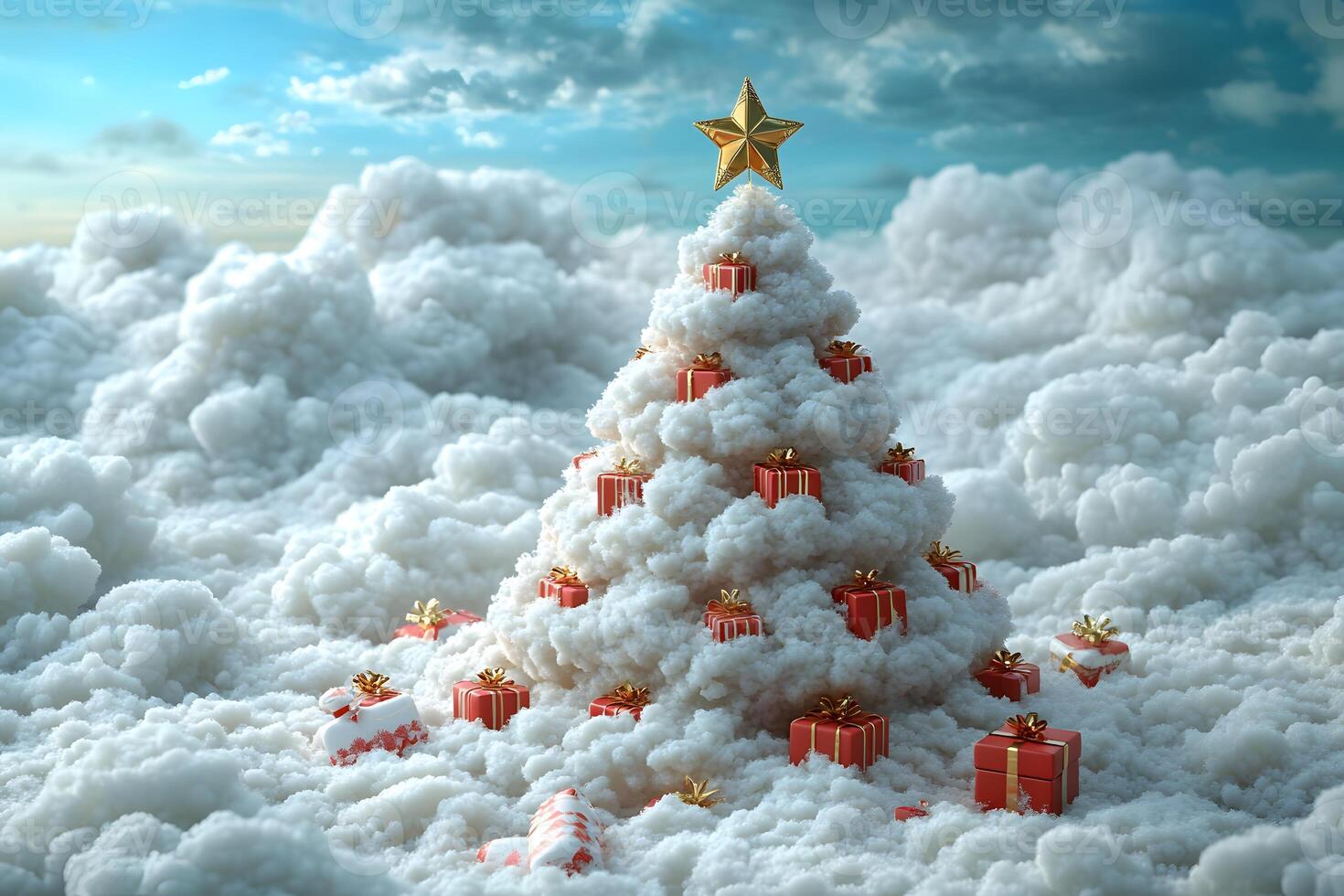 Whimsical Christmas Tree in the Clouds with Gift Boxes for Holiday and Fantasy Themes photo