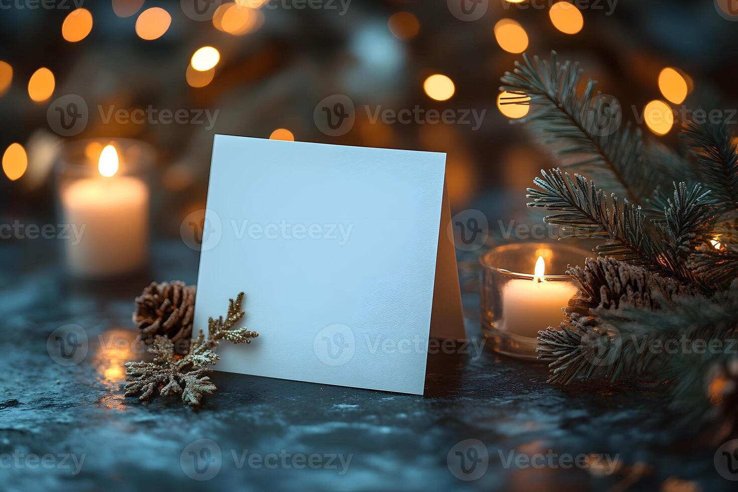 Festive Winter Card with Candles, Branches, and Soft Bokeh Lights photo