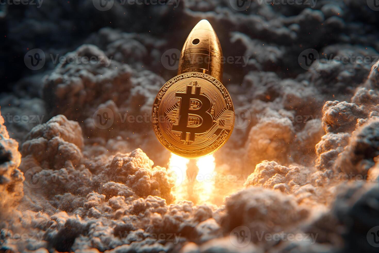 Bitcoin Rocket Launching through Cloudy Skies - Cryptocurrency Growth and Innovation Concept photo