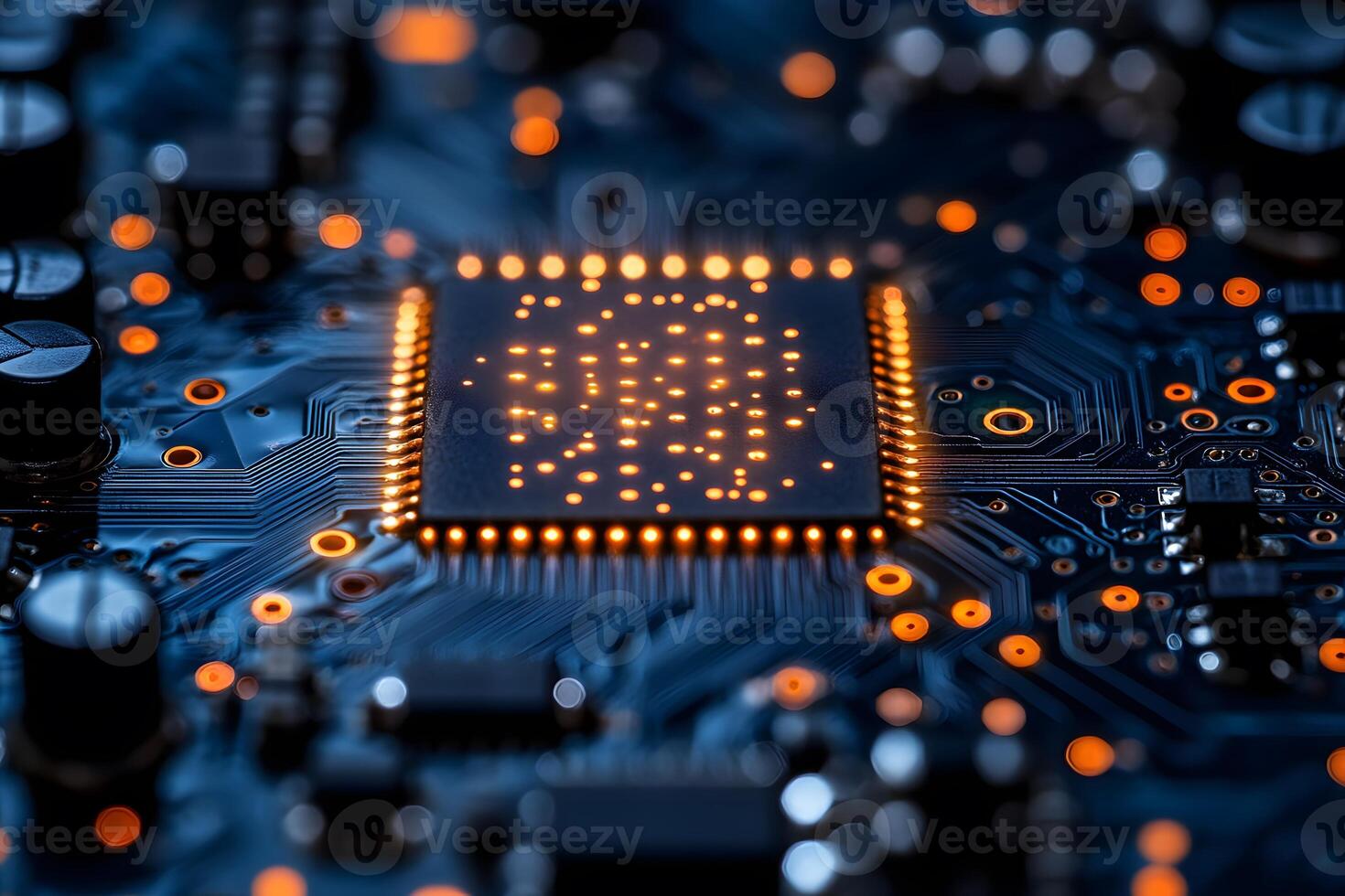 Close-Up of a Glowing Microchip on a Circuit Board for Technology Design and Innovation photo