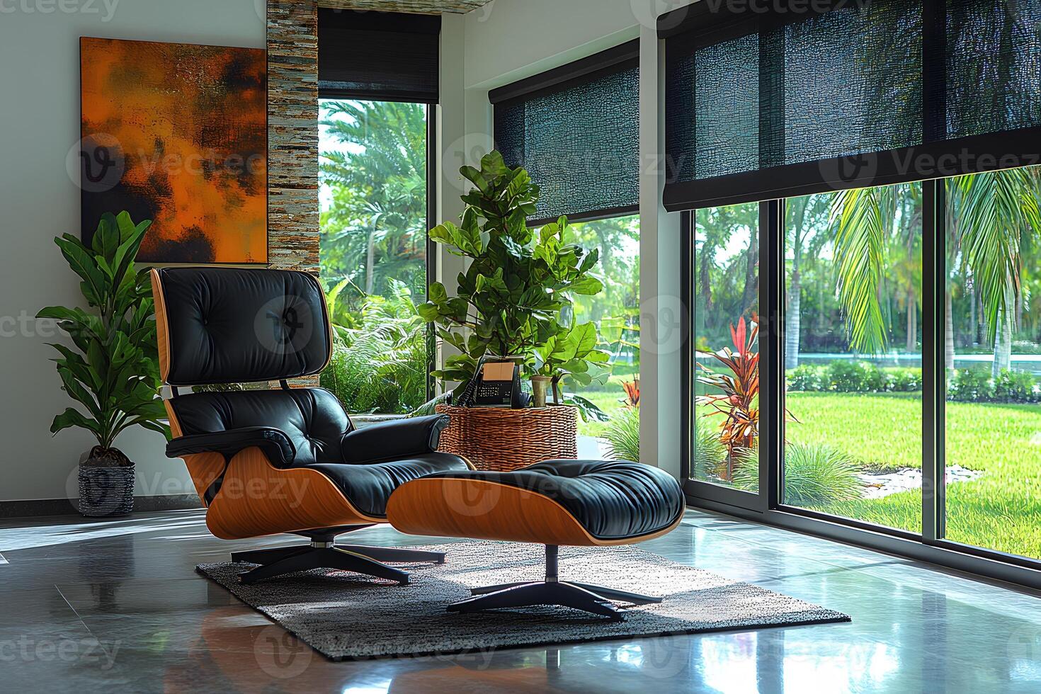 Modern Lounge Interior with Stylish Chair by Large Windows and Indoor Plants photo