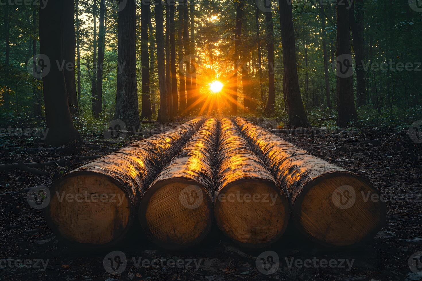 Sunlit Forest Tranquility Logs in a Serene Woodland Setting at Sunrise photo