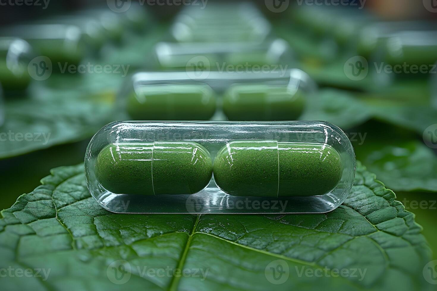 Green Herbal Capsules on Leaves - Natural Medicine and Organic Health Concept for Supplement Marketing photo