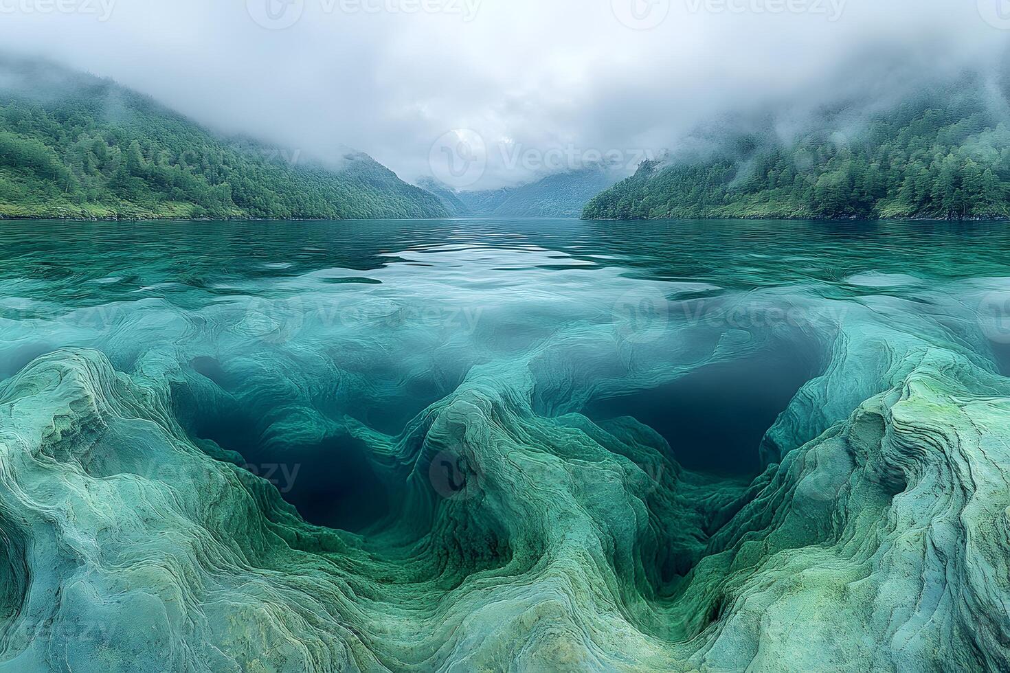 Mystical Underwater Formations in Foggy Mountain Lake Landscape for Nature Photography photo