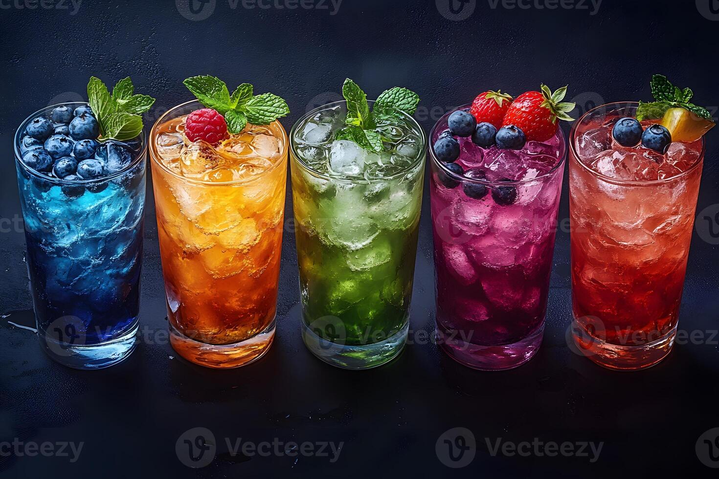 Colorful Assorted Fresh Fruit Cocktails Perfect for Refreshing Summer Parties photo