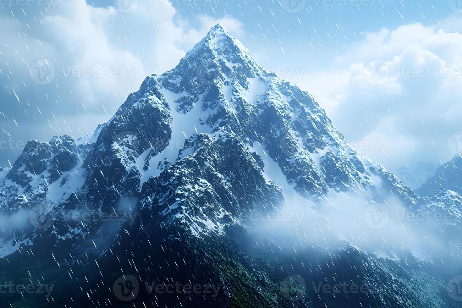 Majestic Snow-Capped Mountain Peak in Rainy Weather for Nature Photography and Poster Design photo
