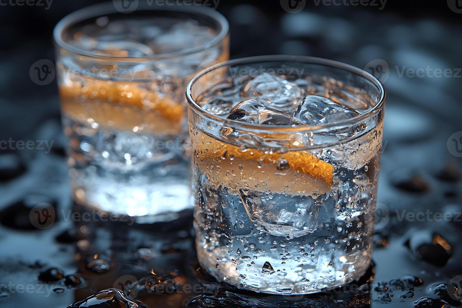 Refreshing Cold Drinks with Lemon Wedges on Wet Surface for Beverage and Bar Concepts photo
