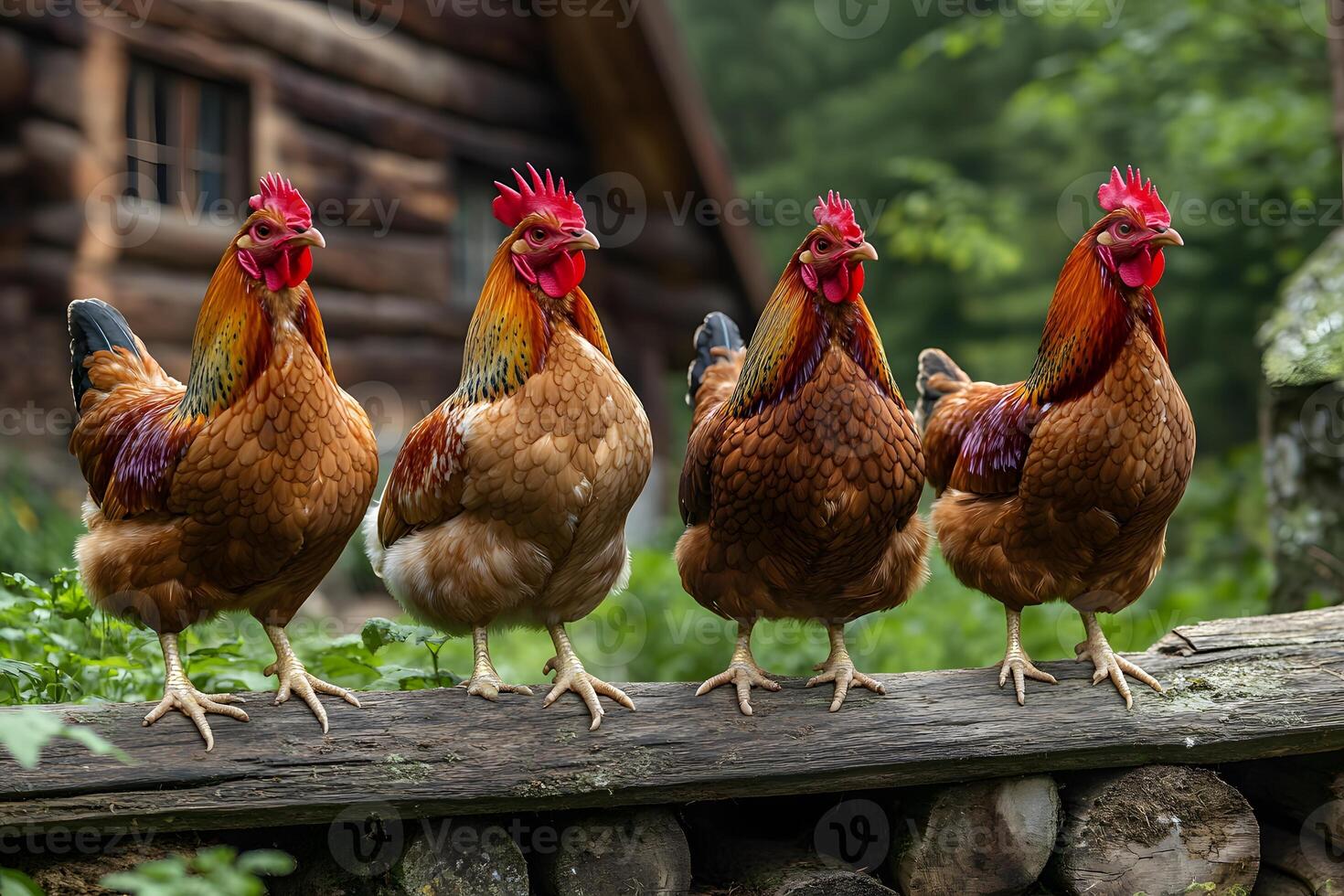 Vibrant Farm Life Four Colorful Roosters Standing in Unity on a Rustic Fence photo