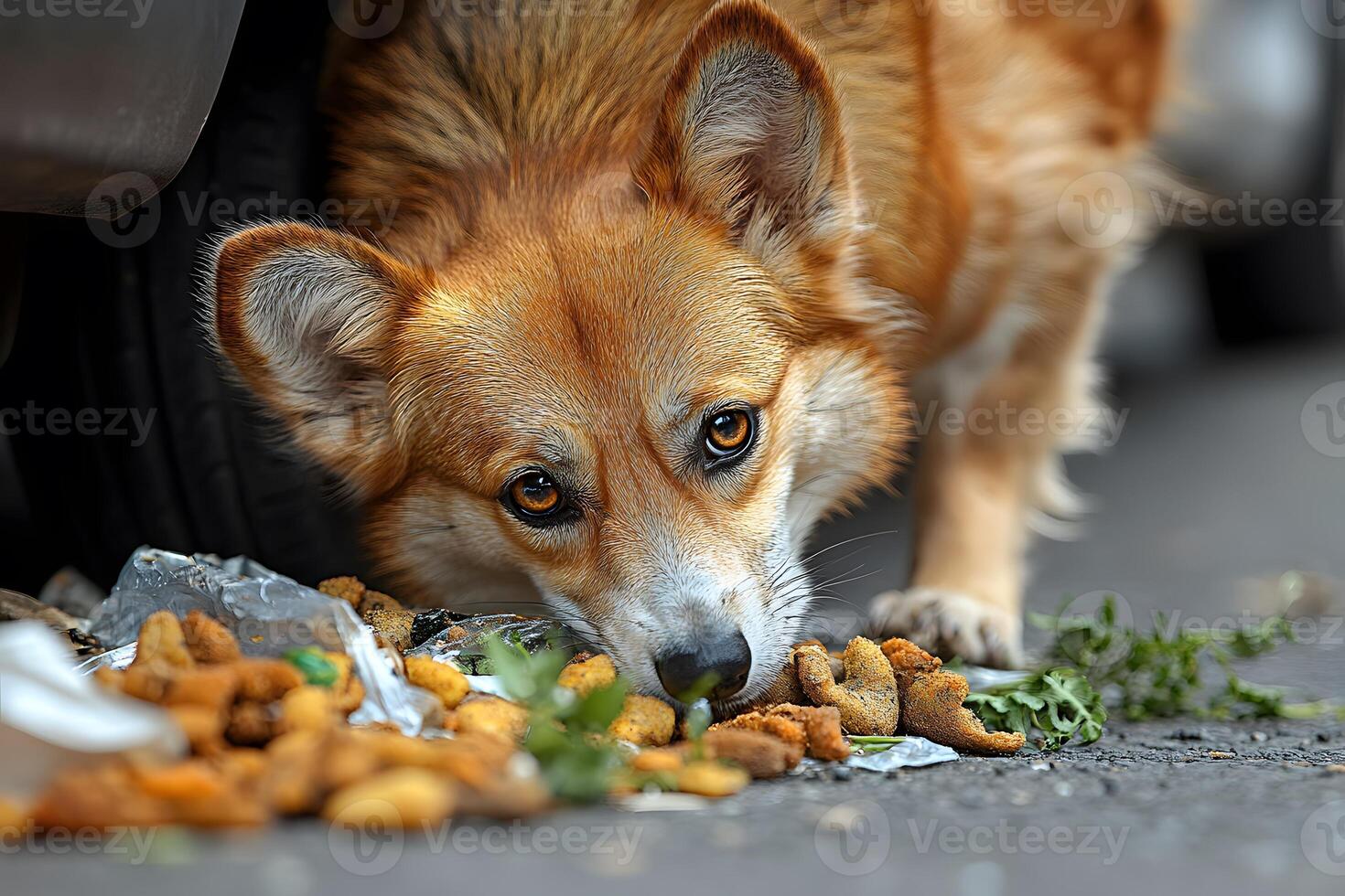 Curious Corgi Eating from Ground Urban Wildlife Encounter photo