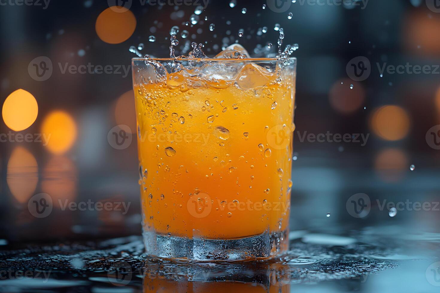 Refreshing Orange Cocktail Splash with Ice on a Reflective Surface for Beverage Advertising photo