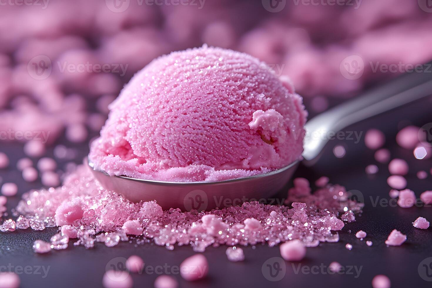 Pink Strawberry Ice Cream on Spoon with Sugar Crystals for Summer Dessert Inspiration photo