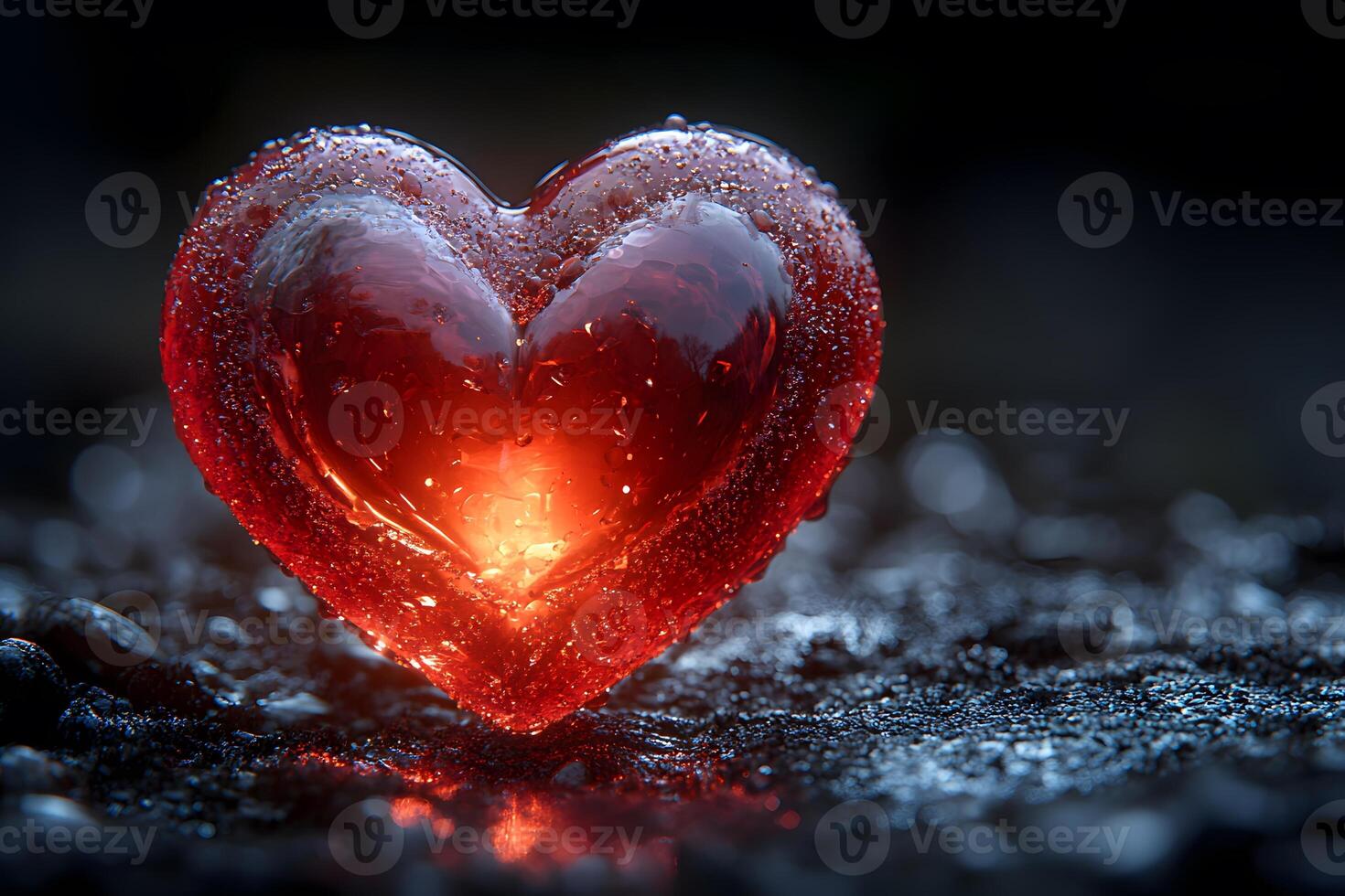 Glowing Heart on Wet Surface Symbolizing Love and Warmth photo